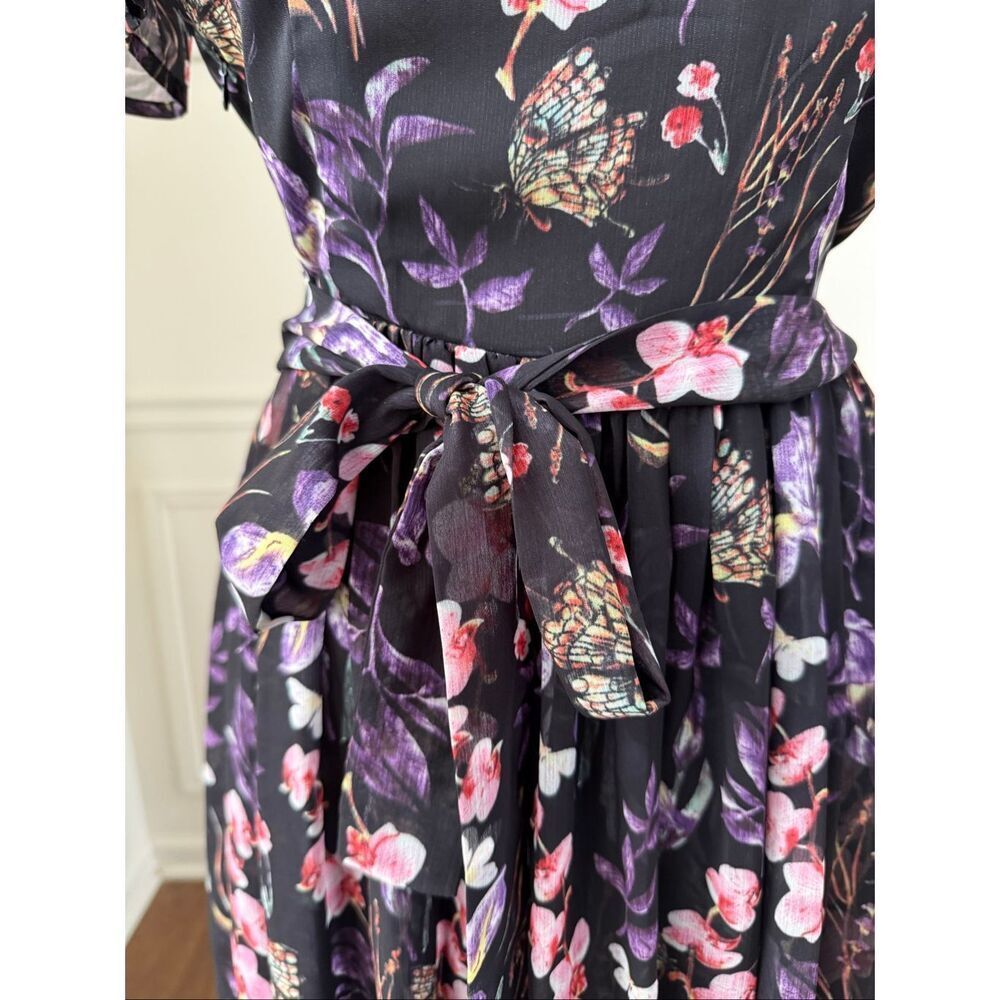 G•W•E Midi Floral Butterfly Chiffon Short Sleeve Dress L - Picture 6 of 9